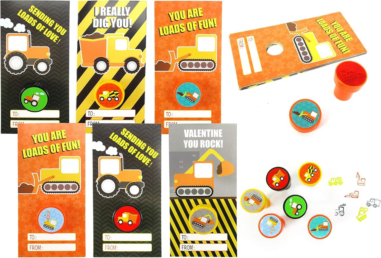 Tiny Mills 36 PACK Construction Valentine's Day Cards with Construction Stampers for Valentine's Day Classroom Exchange Party Favor Prizes